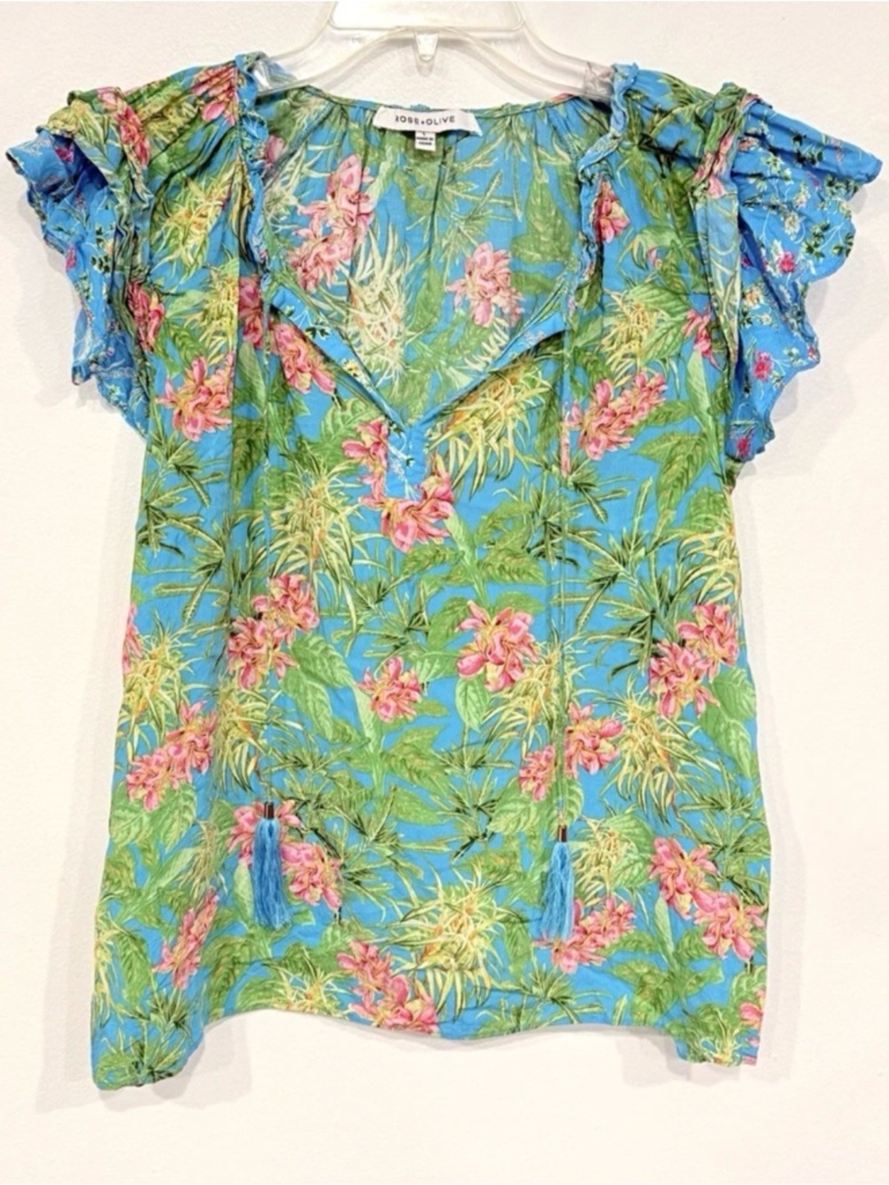 Rose & Olive Aqua Tropical Floral Tassel V-Neck Blouse - Picture 2 of 14